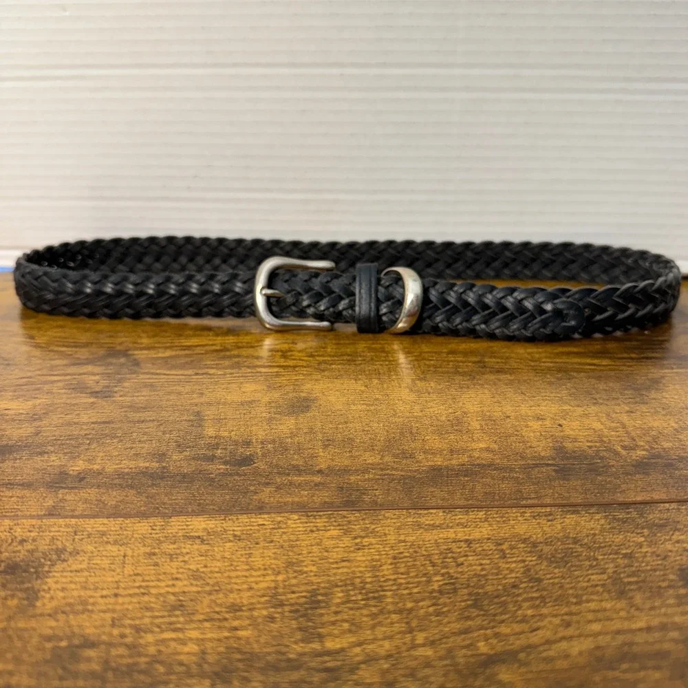 Vtg Black Braided Genuine Leather Belt Womens M/L Silver Buckle Preppy Classic - Picture 7 of 10